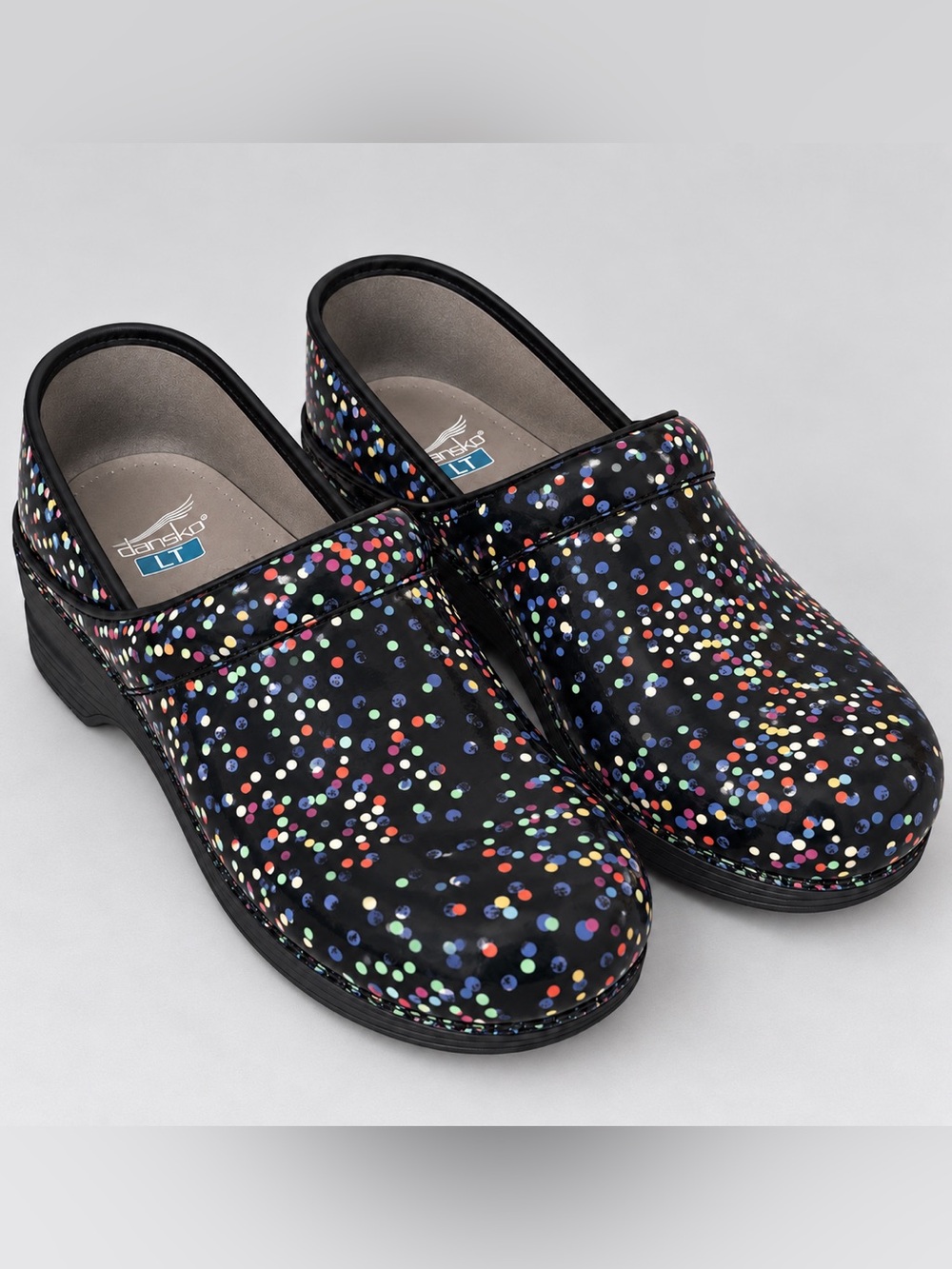 Dansko LT Pro Confetti Black Patent Leather Clogs Size 39